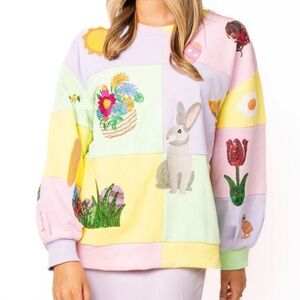 Pastel Patchwork Easter Bunny Embroidered Sweatshirt